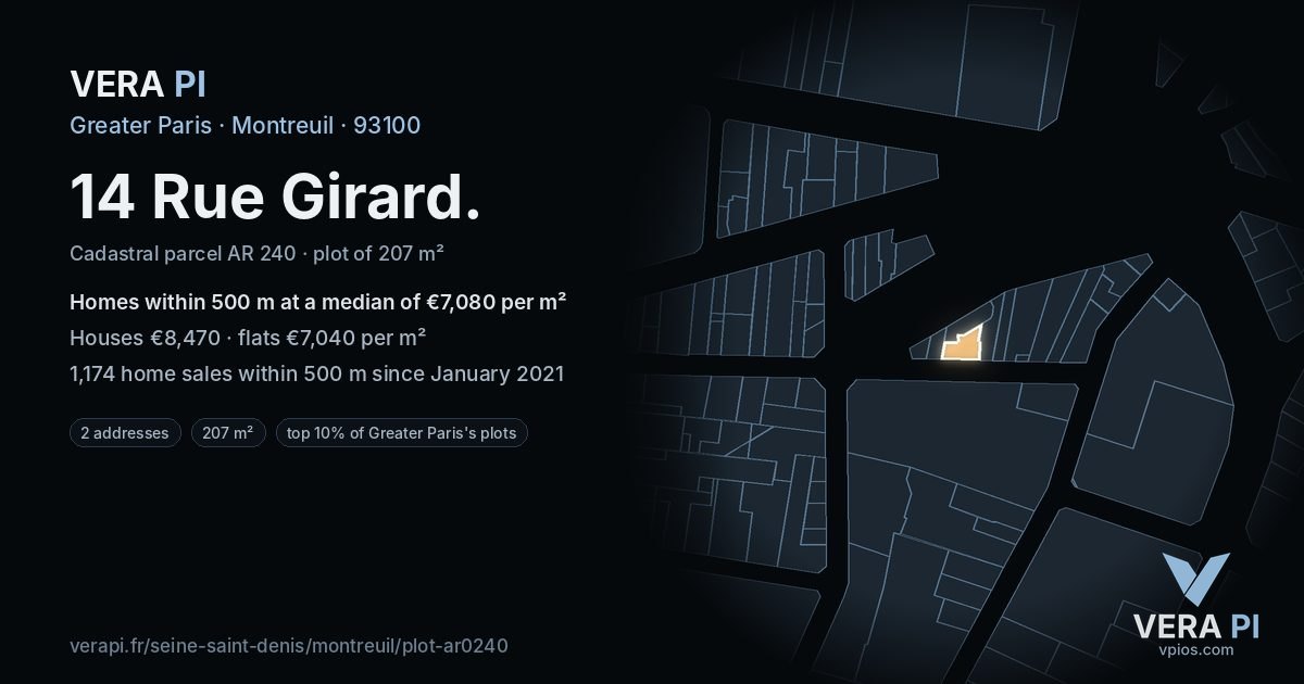 14 Rue Girard, Montreuil at night – the plot lit, the parcels around coloured by the prices near them