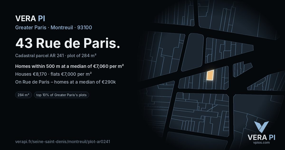 43 Rue de Paris, Montreuil at night – the plot lit, the parcels around coloured by the prices near them