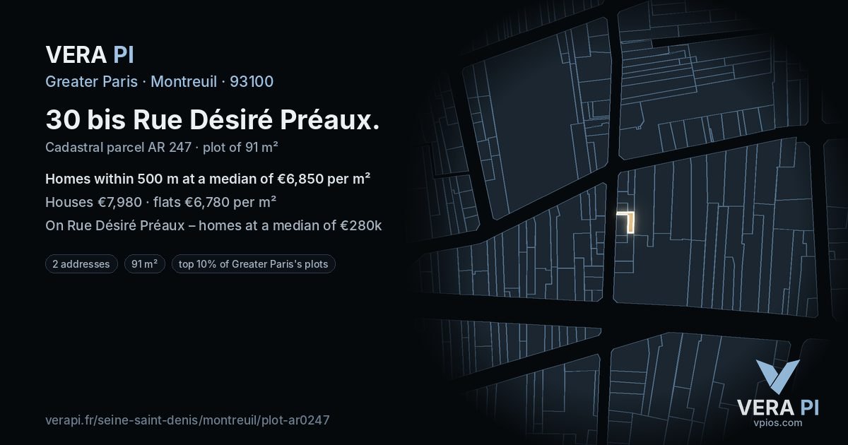 30 bis Rue Désiré Préaux, Montreuil at night – the plot lit, the parcels around coloured by the prices near them