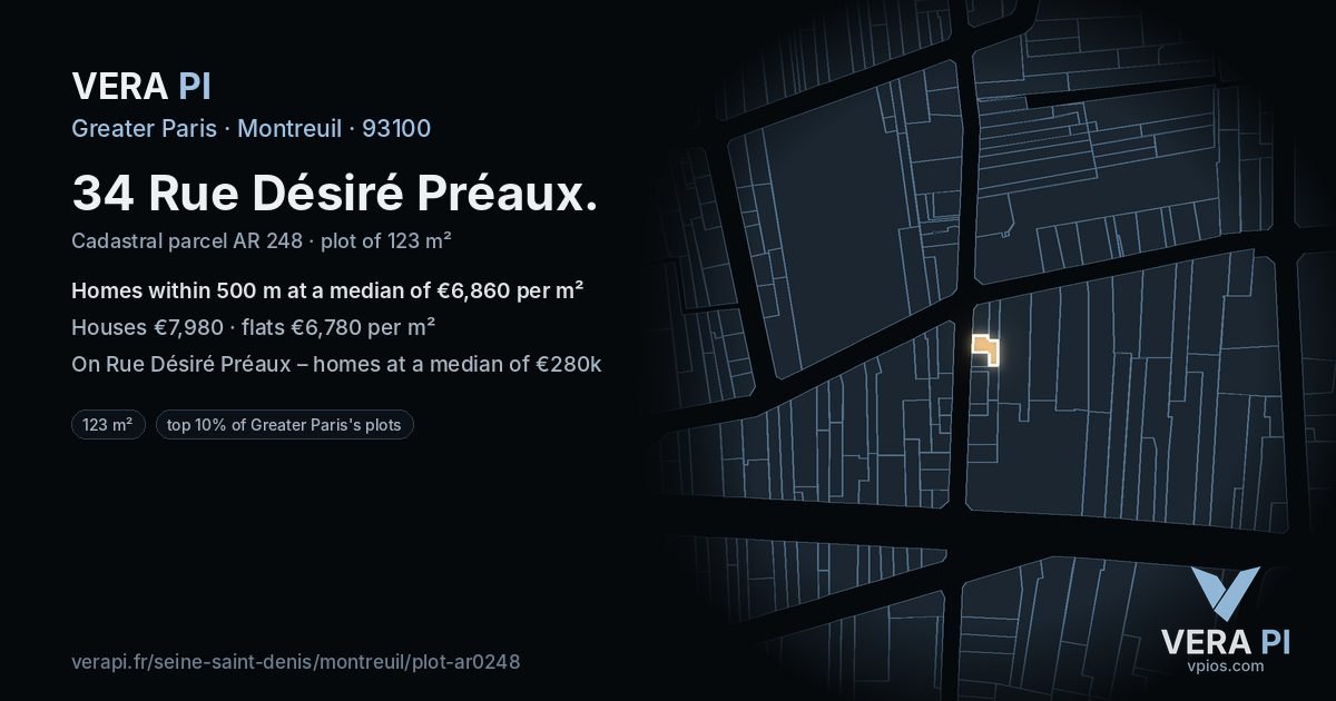 34 Rue Désiré Préaux, Montreuil at night – the plot lit, the parcels around coloured by the prices near them
