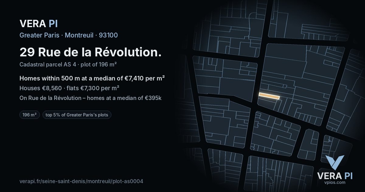 29 Rue de la Révolution, Montreuil at night – the plot lit, the parcels around coloured by the prices near them