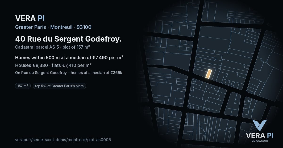 40 Rue du Sergent Godefroy, Montreuil at night – the plot lit, the parcels around coloured by the prices near them