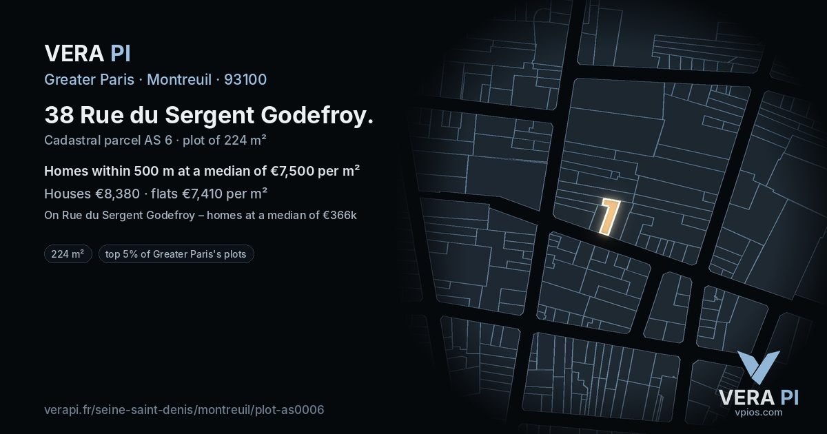 38 Rue du Sergent Godefroy, Montreuil at night – the plot lit, the parcels around coloured by the prices near them