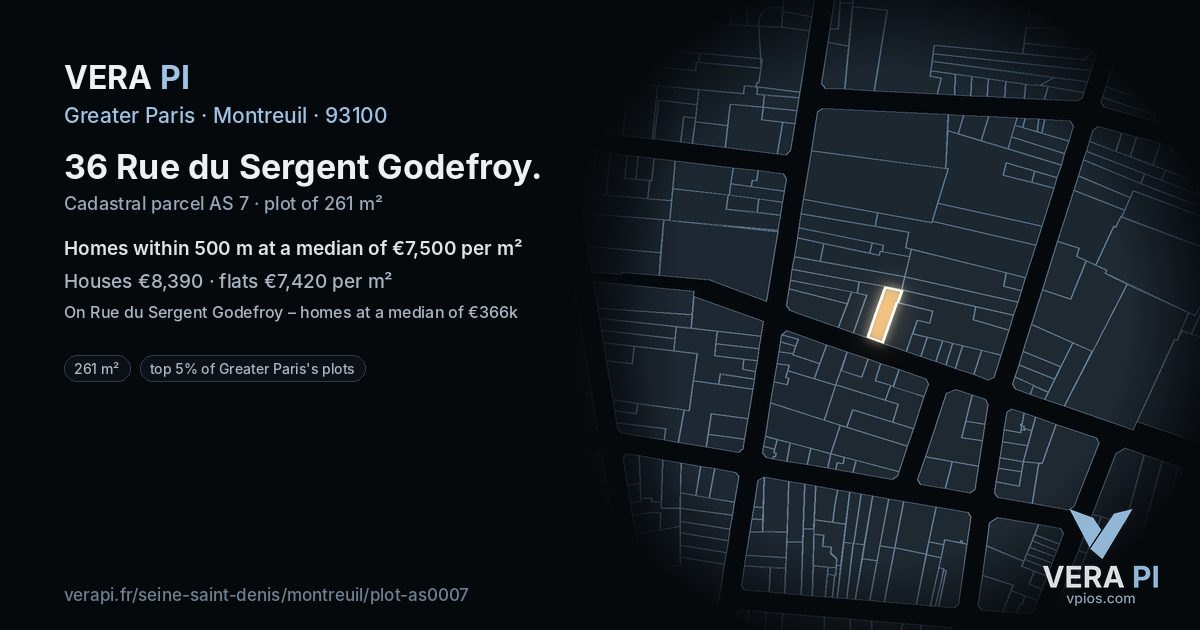 36 Rue du Sergent Godefroy, Montreuil at night – the plot lit, the parcels around coloured by the prices near them