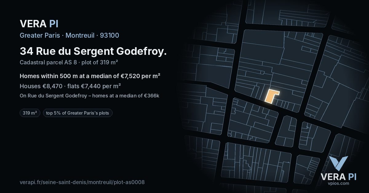 34 Rue du Sergent Godefroy, Montreuil at night – the plot lit, the parcels around coloured by the prices near them
