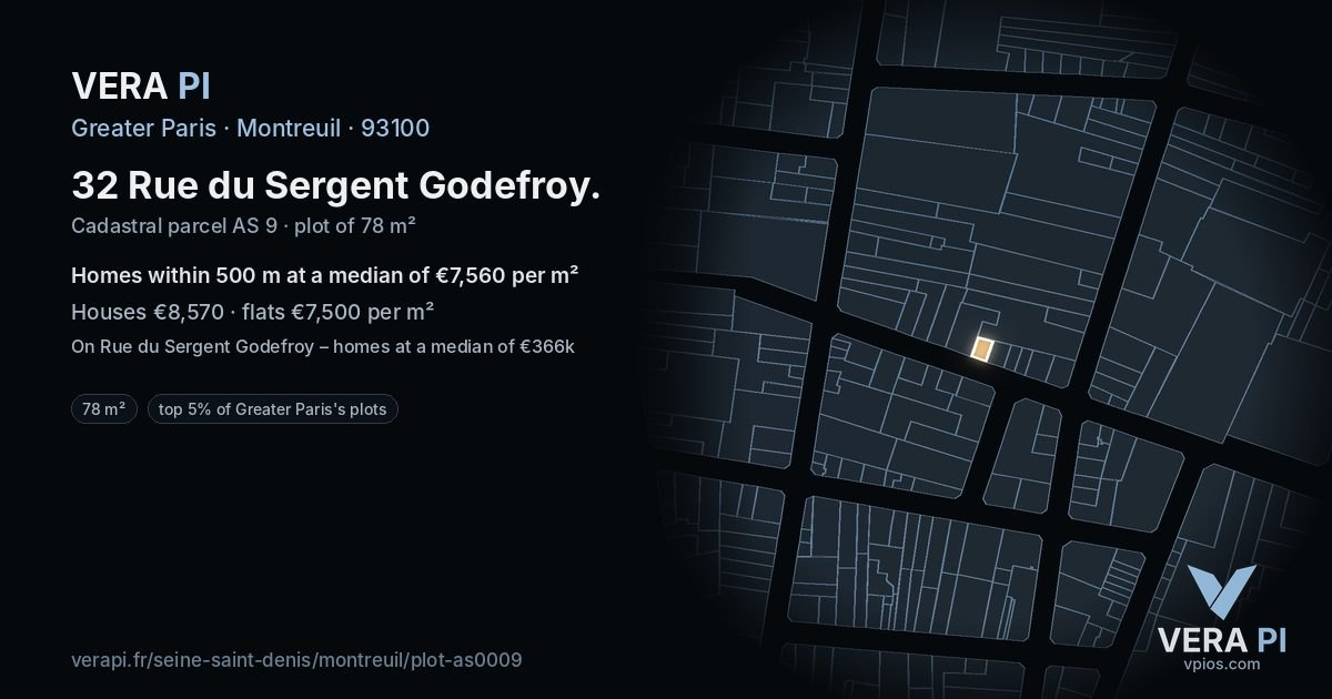 32 Rue du Sergent Godefroy, Montreuil at night – the plot lit, the parcels around coloured by the prices near them