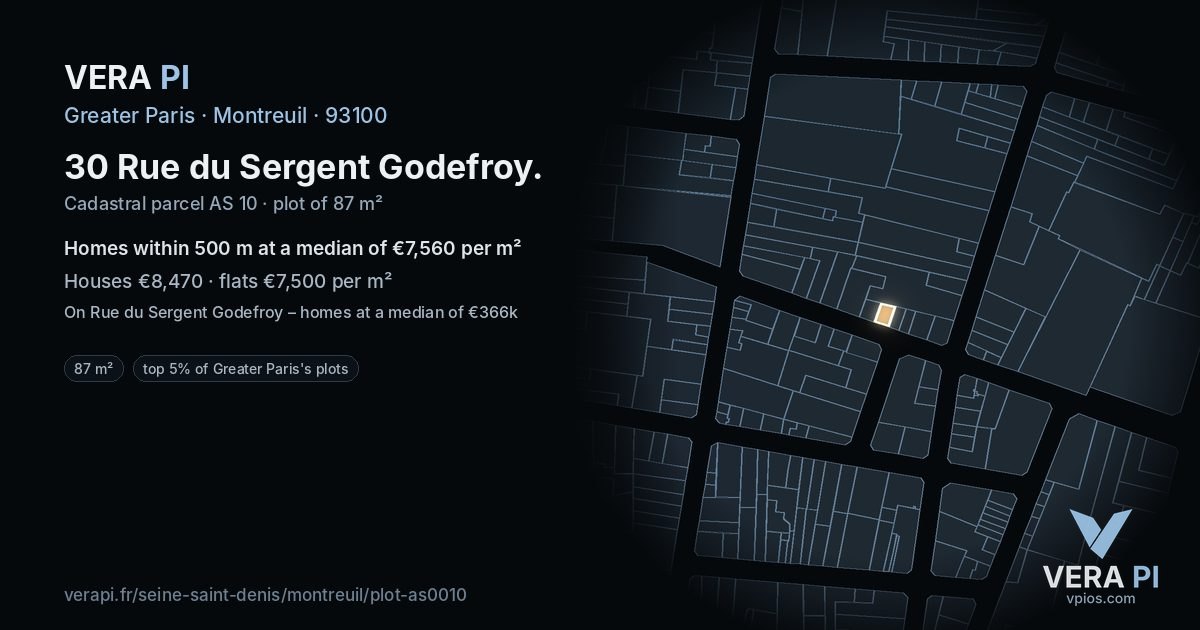 30 Rue du Sergent Godefroy, Montreuil at night – the plot lit, the parcels around coloured by the prices near them