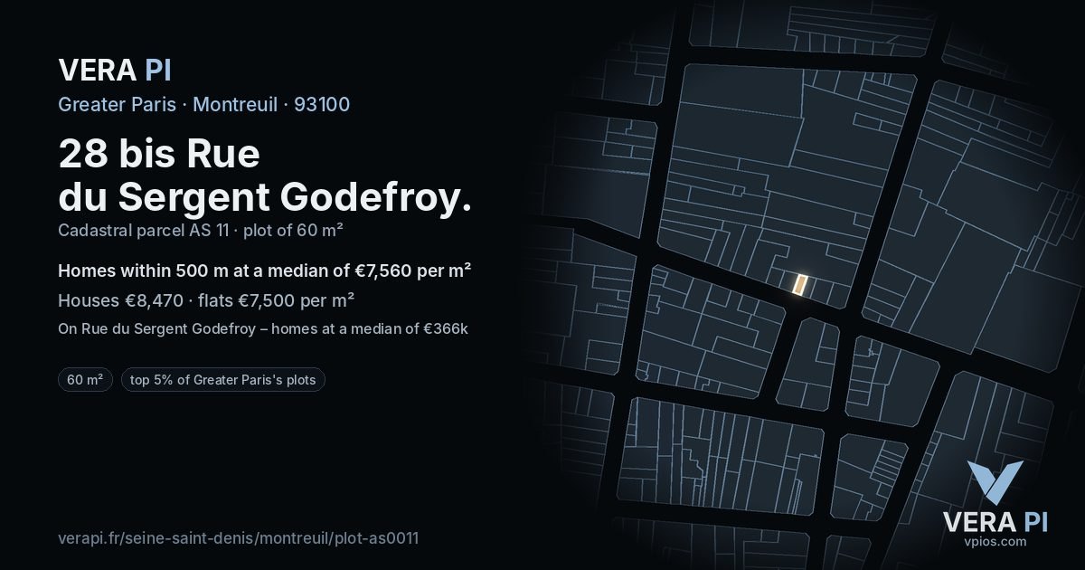 28 bis Rue du Sergent Godefroy, Montreuil at night – the plot lit, the parcels around coloured by the prices near them