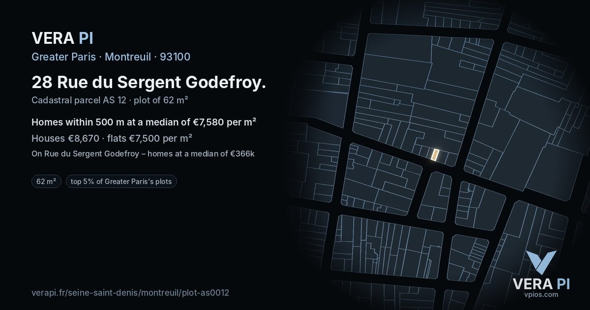 28 Rue du Sergent Godefroy, Montreuil at night – the plot lit, the parcels around coloured by the prices near them