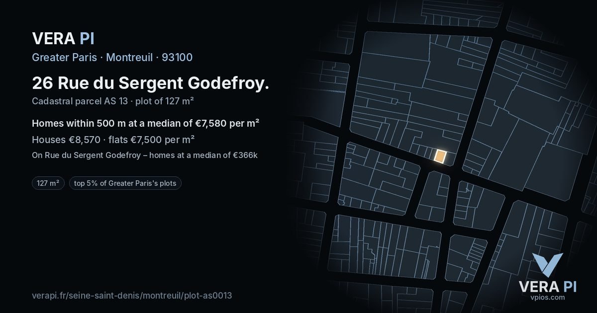 26 Rue du Sergent Godefroy, Montreuil at night – the plot lit, the parcels around coloured by the prices near them