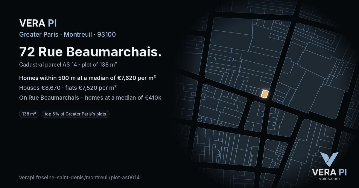 72 Rue Beaumarchais, Montreuil at night – the plot lit, the parcels around coloured by the prices near them