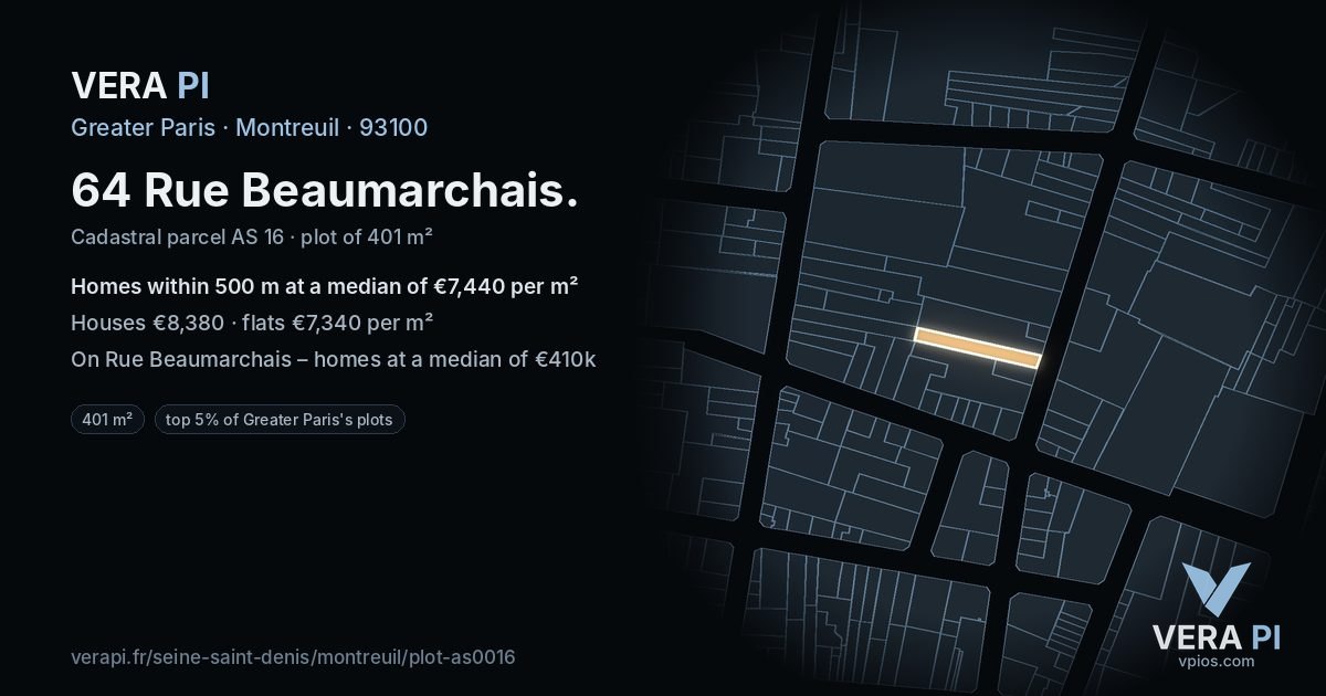 64 Rue Beaumarchais, Montreuil at night – the plot lit, the parcels around coloured by the prices near them