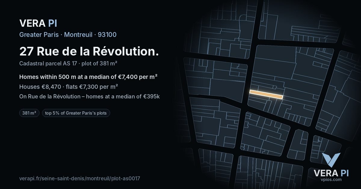27 Rue de la Révolution, Montreuil at night – the plot lit, the parcels around coloured by the prices near them