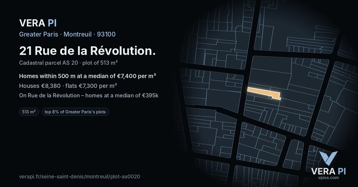 21 Rue de la Révolution, Montreuil at night – the plot lit, the parcels around coloured by the prices near them