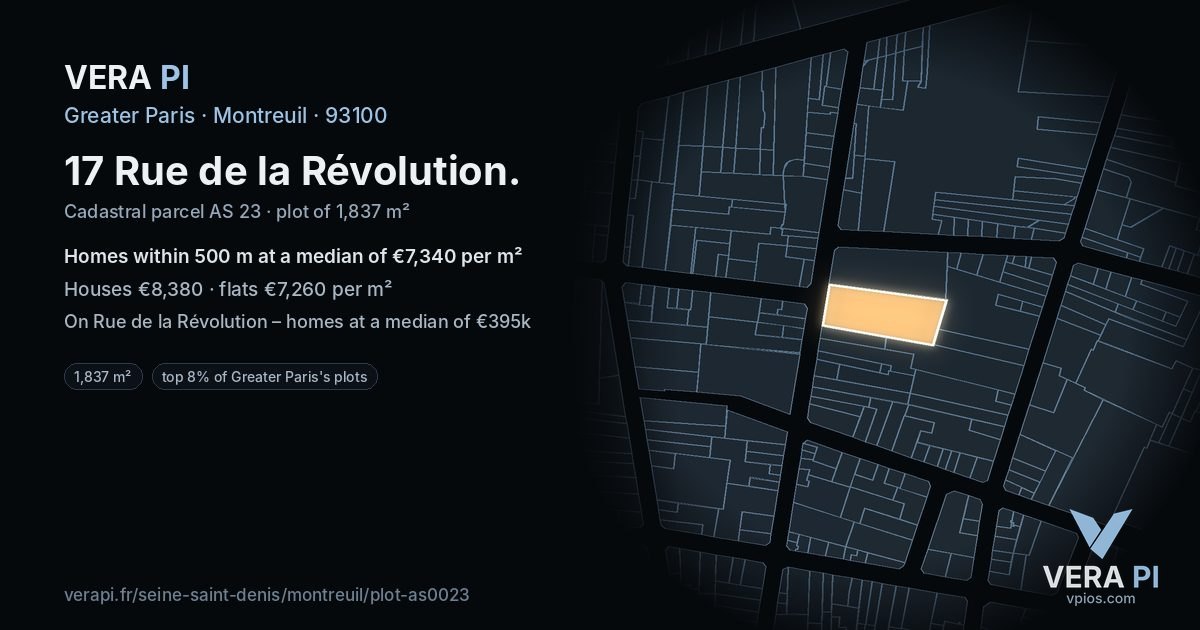 17 Rue de la Révolution, Montreuil at night – the plot lit, the parcels around coloured by the prices near them