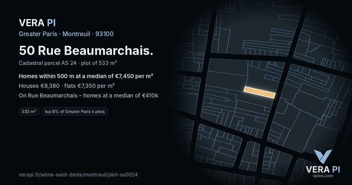 50 Rue Beaumarchais, Montreuil at night – the plot lit, the parcels around coloured by the prices near them
