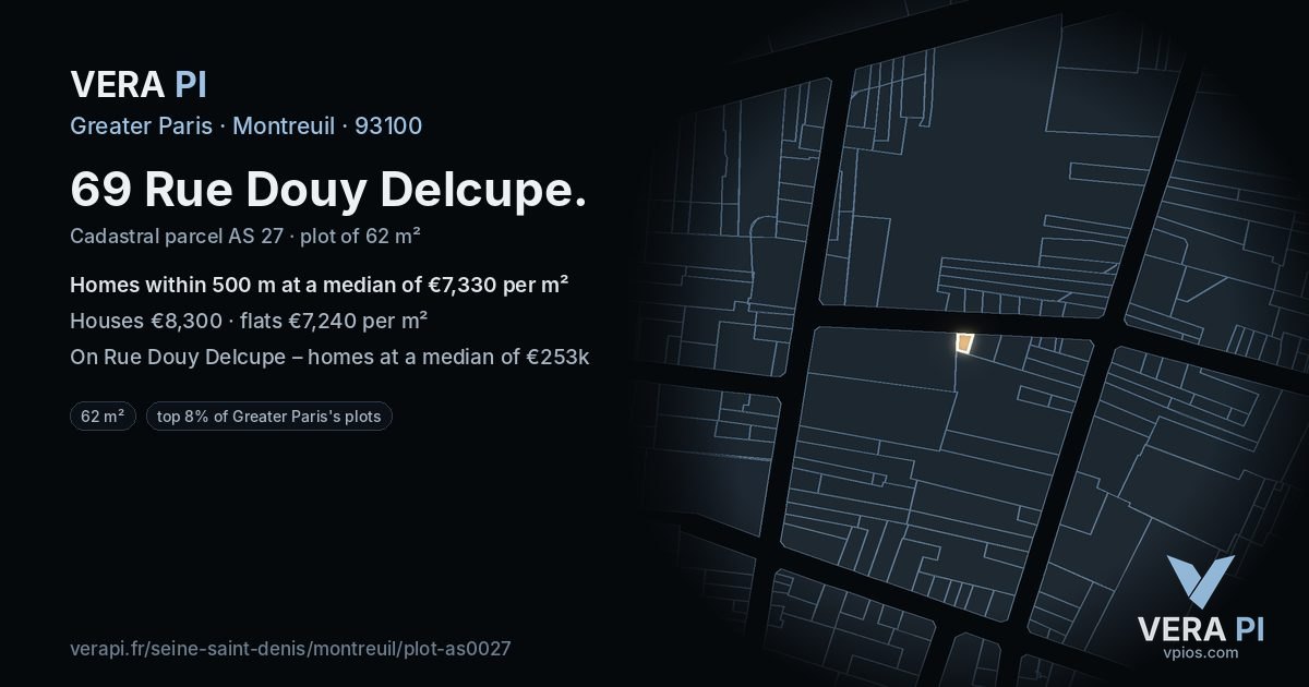 69 Rue Douy Delcupe, Montreuil at night – the plot lit, the parcels around coloured by the prices near them