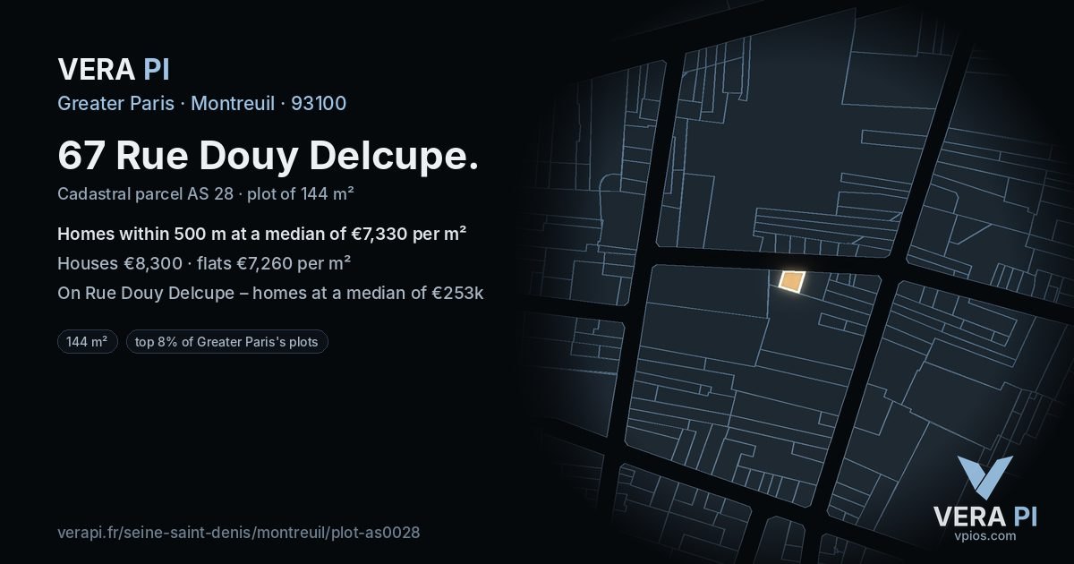 67 Rue Douy Delcupe, Montreuil at night – the plot lit, the parcels around coloured by the prices near them