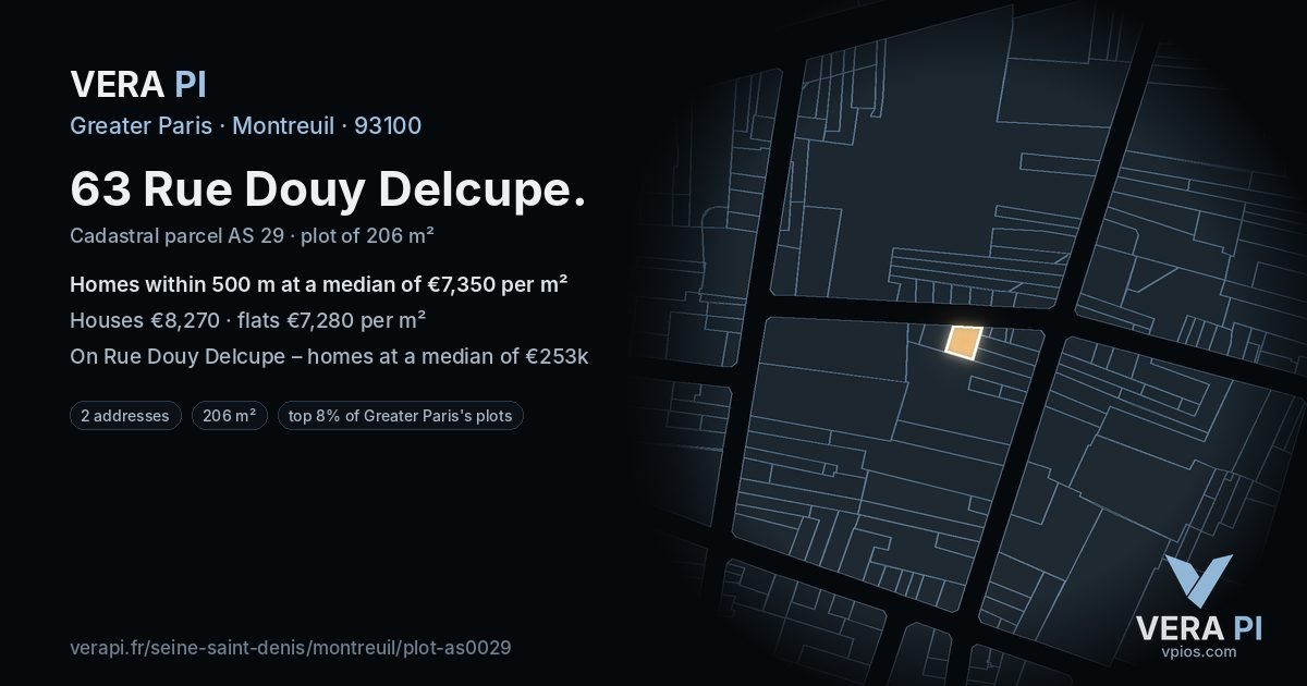 63 Rue Douy Delcupe, Montreuil at night – the plot lit, the parcels around coloured by the prices near them