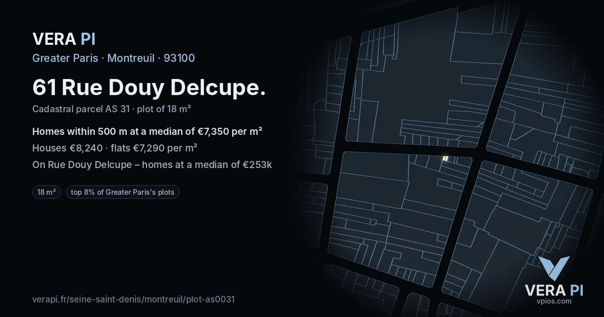 61 Rue Douy Delcupe, Montreuil at night – the plot lit, the parcels around coloured by the prices near them
