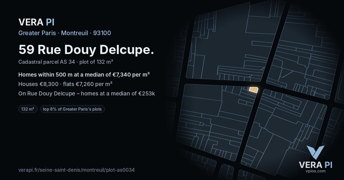 59 Rue Douy Delcupe, Montreuil at night – the plot lit, the parcels around coloured by the prices near them
