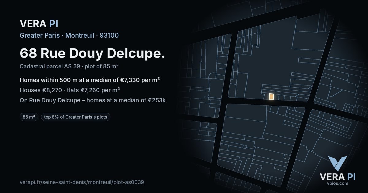 68 Rue Douy Delcupe, Montreuil at night – the plot lit, the parcels around coloured by the prices near them
