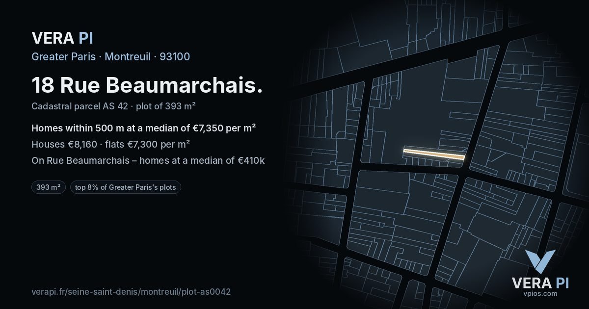 18 Rue Beaumarchais, Montreuil at night – the plot lit, the parcels around coloured by the prices near them