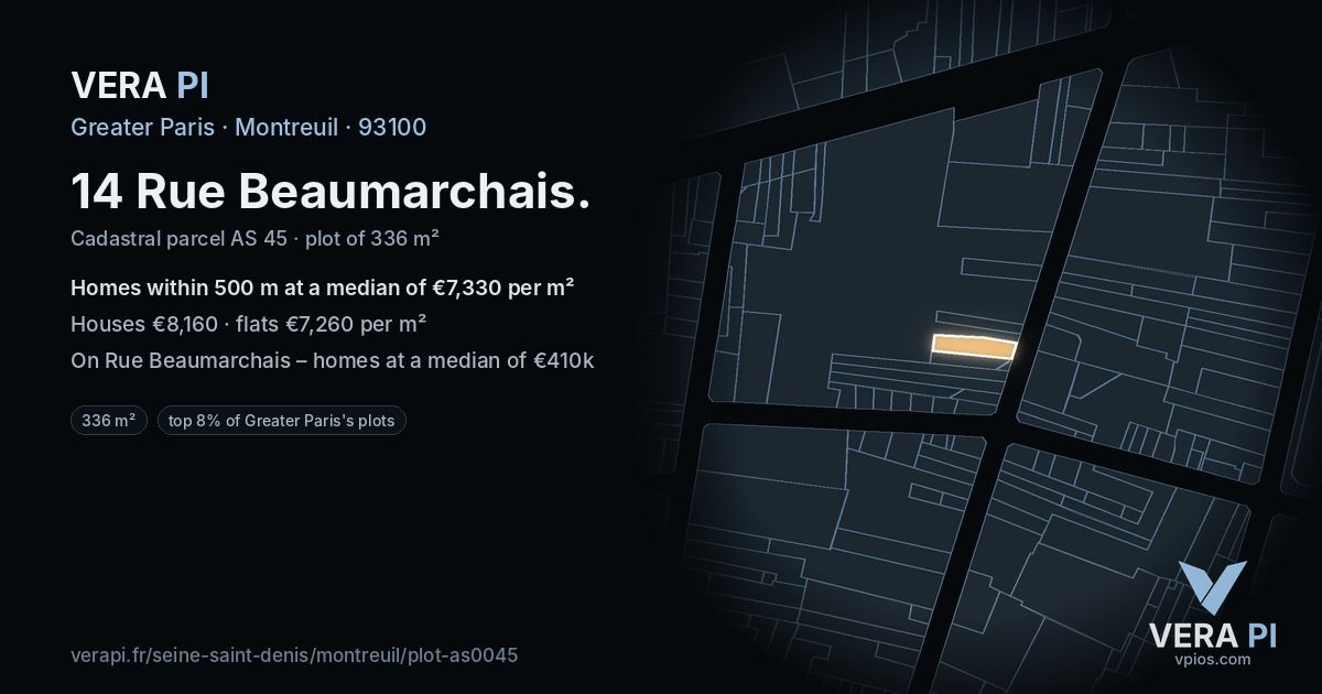 14 Rue Beaumarchais, Montreuil at night – the plot lit, the parcels around coloured by the prices near them