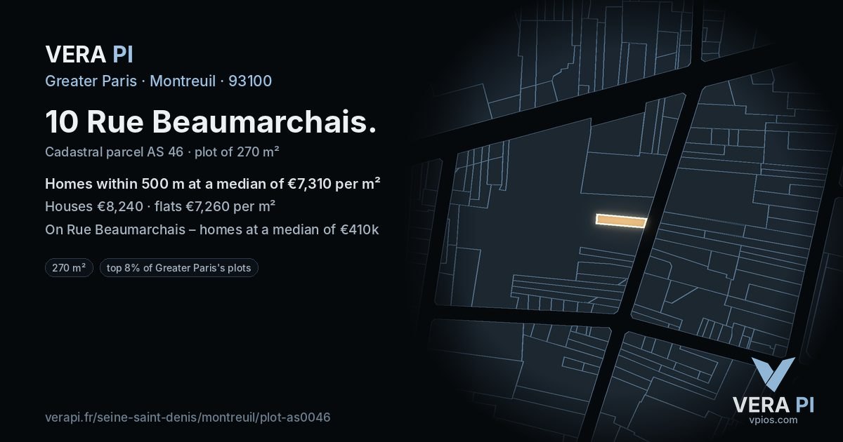 10 Rue Beaumarchais, Montreuil at night – the plot lit, the parcels around coloured by the prices near them