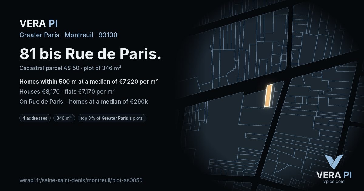81 bis Rue de Paris, Montreuil at night – the plot lit, the parcels around coloured by the prices near them