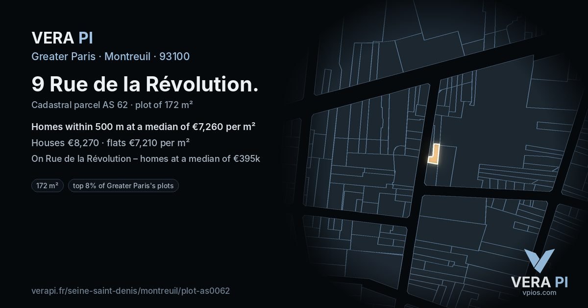 9 Rue de la Révolution, Montreuil at night – the plot lit, the parcels around coloured by the prices near them