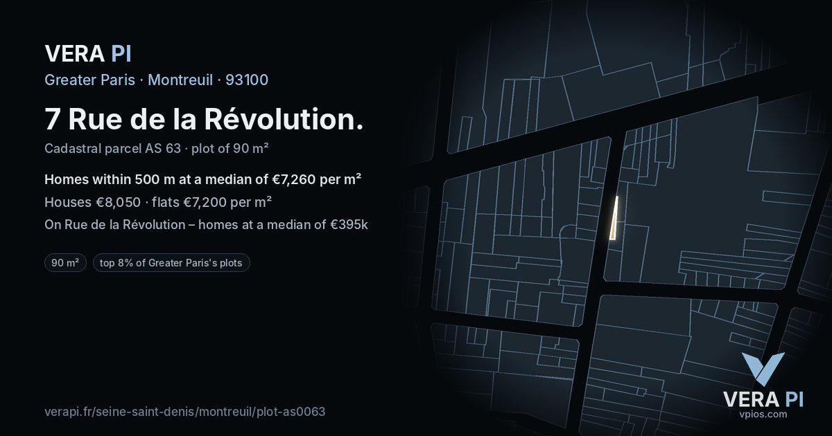 7 Rue de la Révolution, Montreuil at night – the plot lit, the parcels around coloured by the prices near them