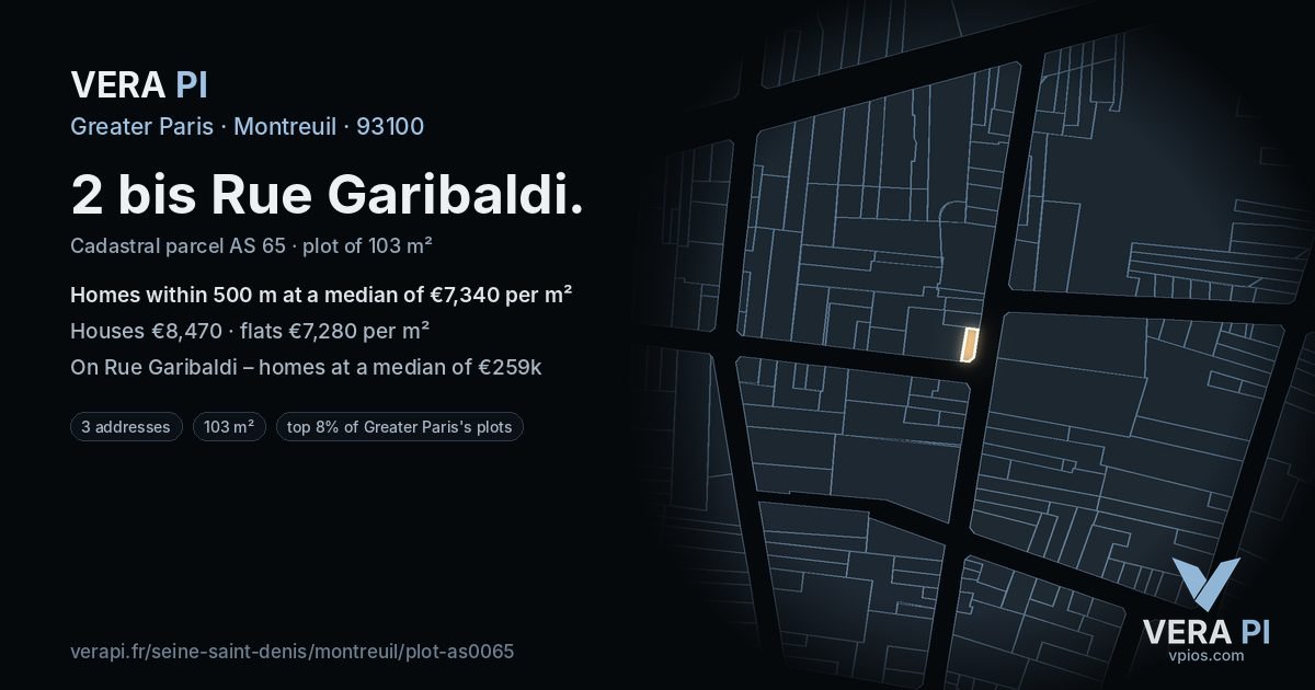 2 bis Rue Garibaldi, Montreuil at night – the plot lit, the parcels around coloured by the prices near them