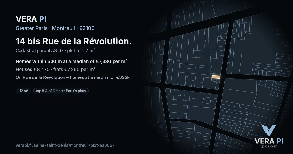 14 bis Rue de la Révolution, Montreuil at night – the plot lit, the parcels around coloured by the prices near them