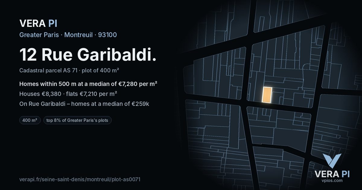 12 Rue Garibaldi, Montreuil at night – the plot lit, the parcels around coloured by the prices near them