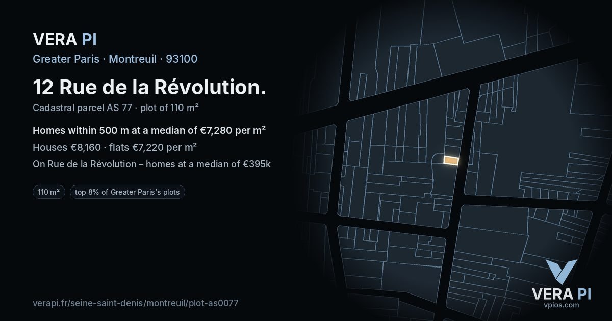 12 Rue de la Révolution, Montreuil at night – the plot lit, the parcels around coloured by the prices near them