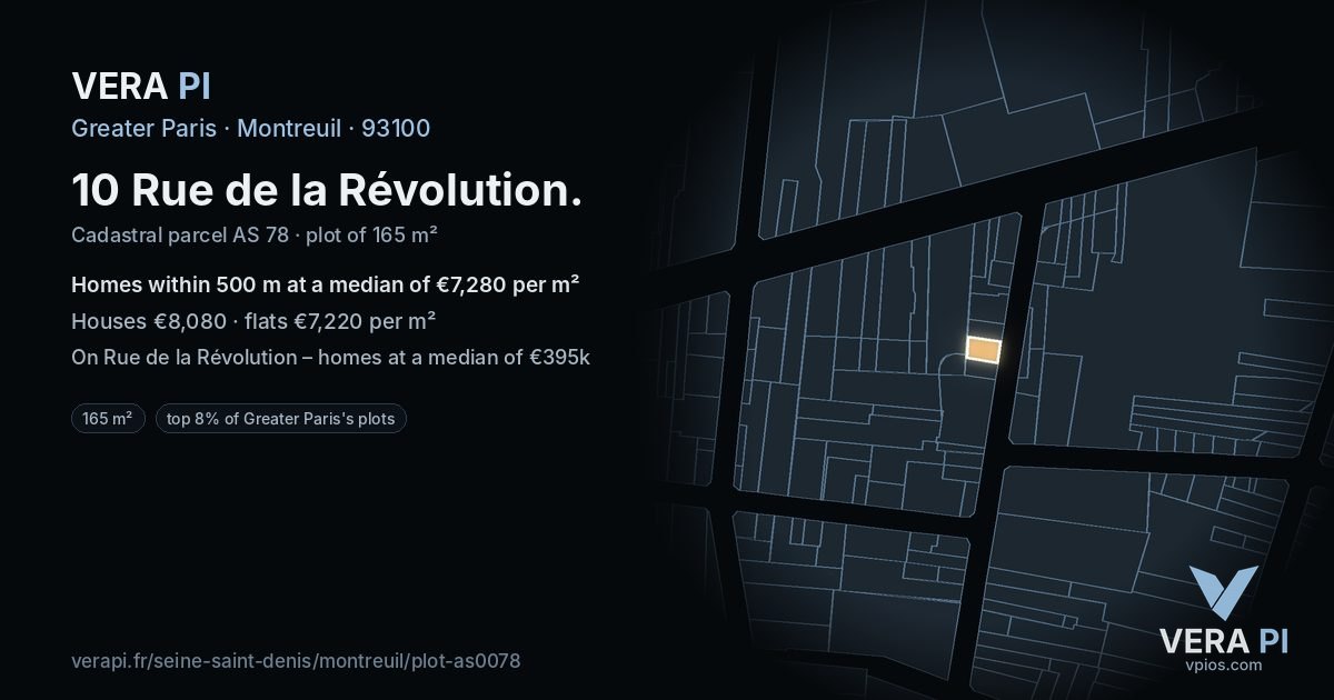 10 Rue de la Révolution, Montreuil at night – the plot lit, the parcels around coloured by the prices near them