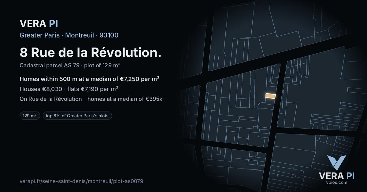 8 Rue de la Révolution, Montreuil at night – the plot lit, the parcels around coloured by the prices near them