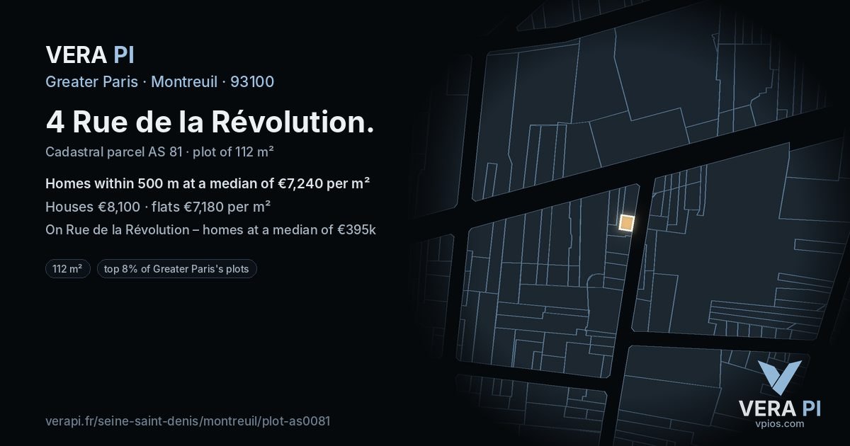 4 Rue de la Révolution, Montreuil at night – the plot lit, the parcels around coloured by the prices near them