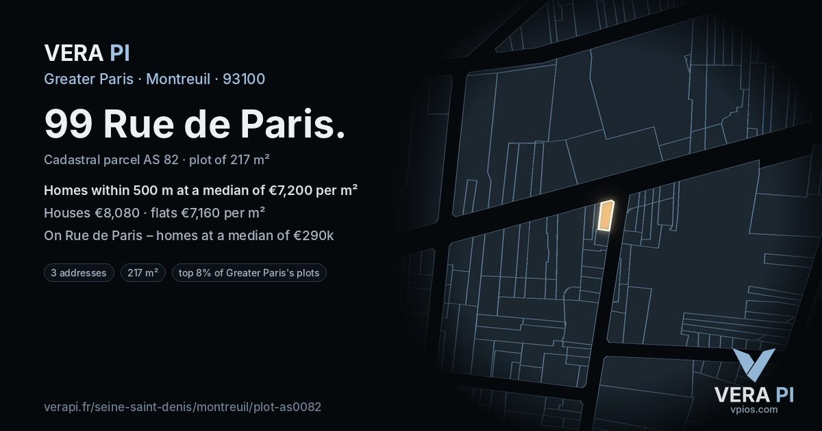 99 Rue de Paris, Montreuil at night – the plot lit, the parcels around coloured by the prices near them