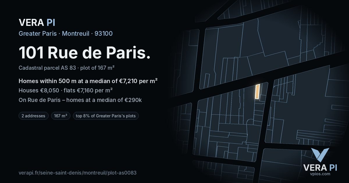 101 Rue de Paris, Montreuil at night – the plot lit, the parcels around coloured by the prices near them
