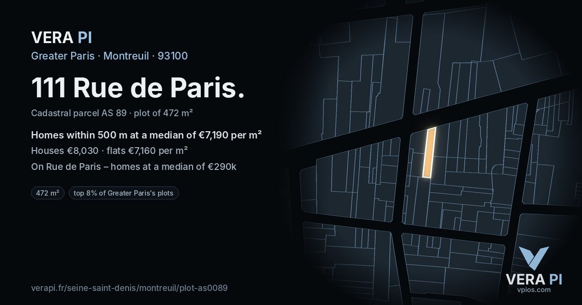 111 Rue de Paris, Montreuil at night – the plot lit, the parcels around coloured by the prices near them