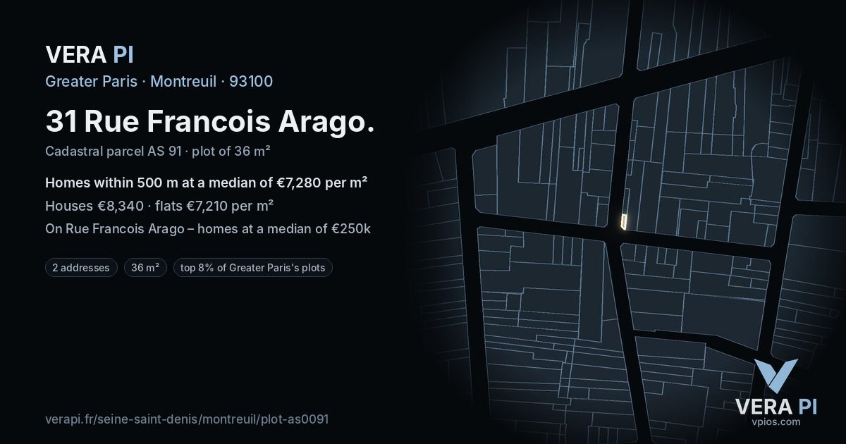 31 Rue Francois Arago, Montreuil at night – the plot lit, the parcels around coloured by the prices near them