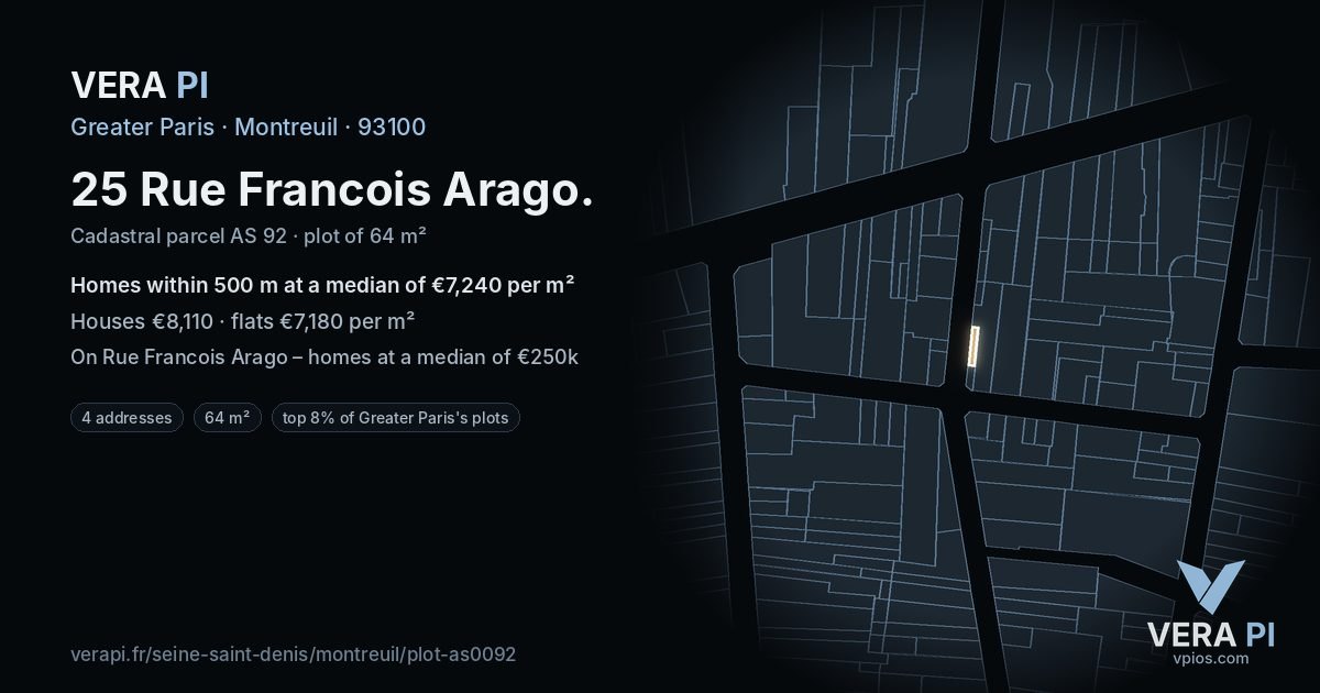 25 Rue Francois Arago, Montreuil at night – the plot lit, the parcels around coloured by the prices near them