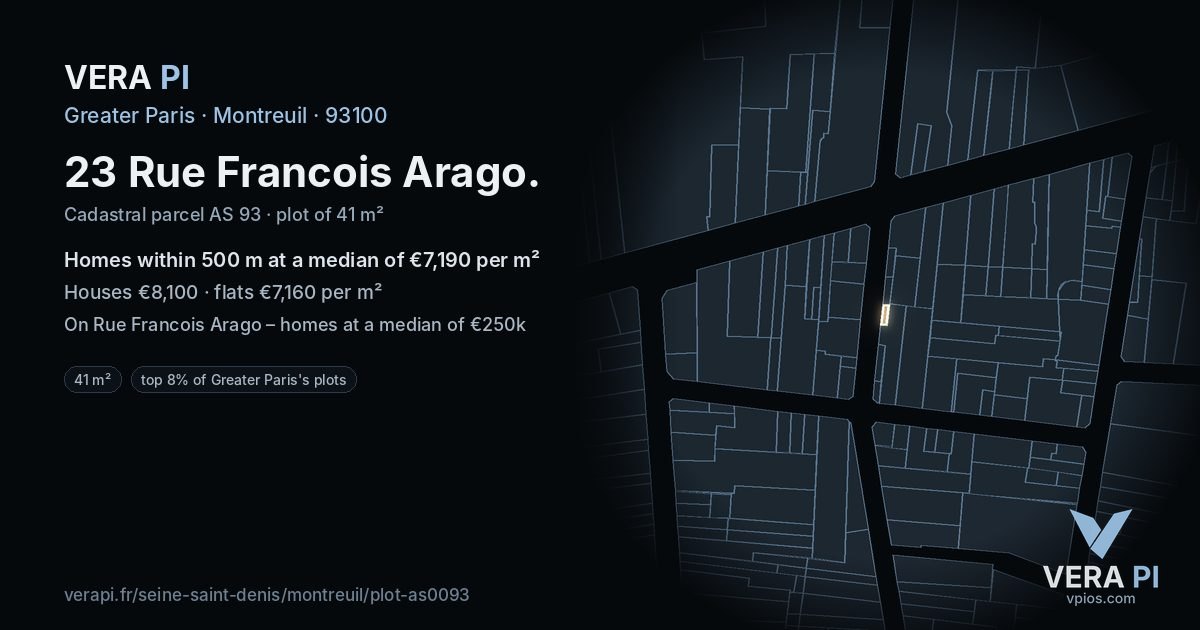 23 Rue Francois Arago, Montreuil at night – the plot lit, the parcels around coloured by the prices near them