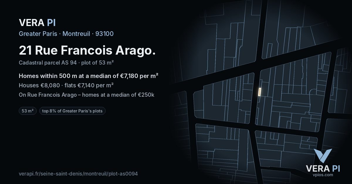 21 Rue Francois Arago, Montreuil at night – the plot lit, the parcels around coloured by the prices near them