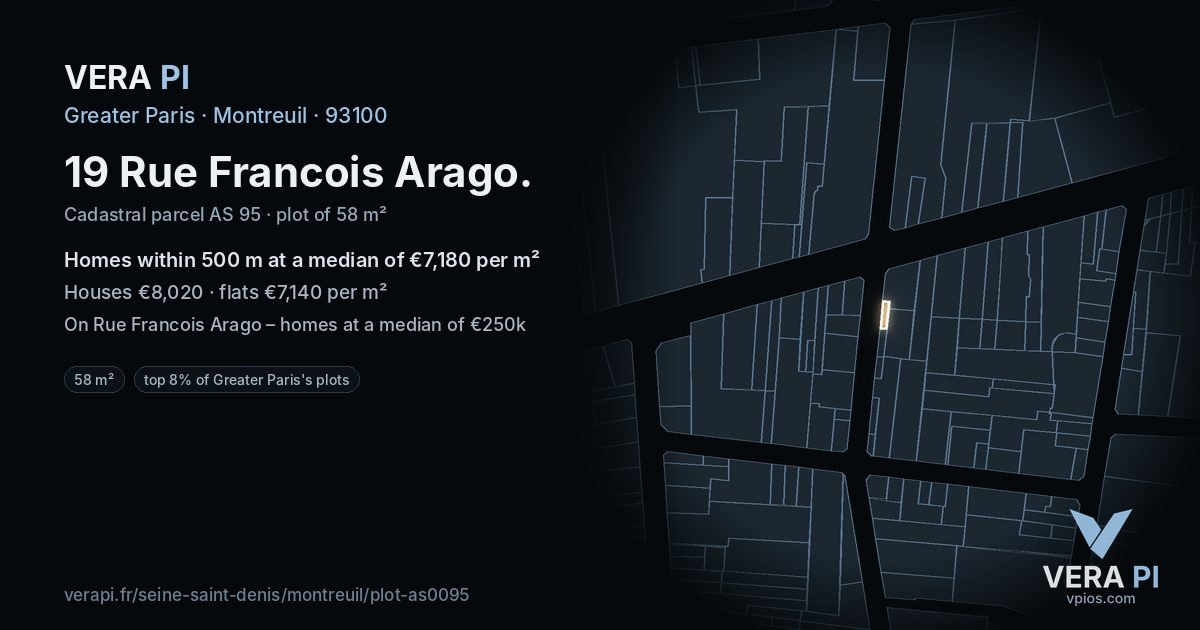 19 Rue Francois Arago, Montreuil at night – the plot lit, the parcels around coloured by the prices near them