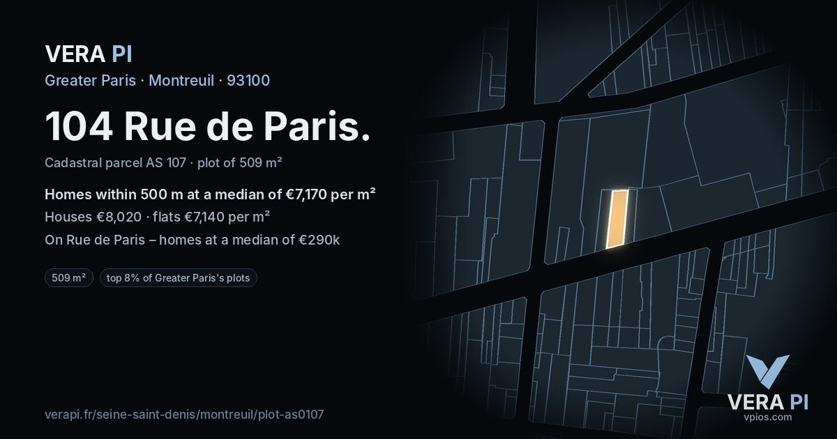 104 Rue de Paris, Montreuil at night – the plot lit, the parcels around coloured by the prices near them