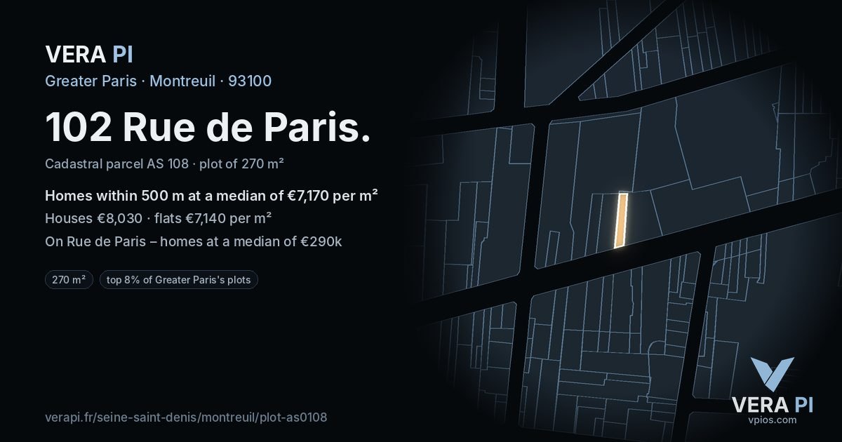 102 Rue de Paris, Montreuil at night – the plot lit, the parcels around coloured by the prices near them