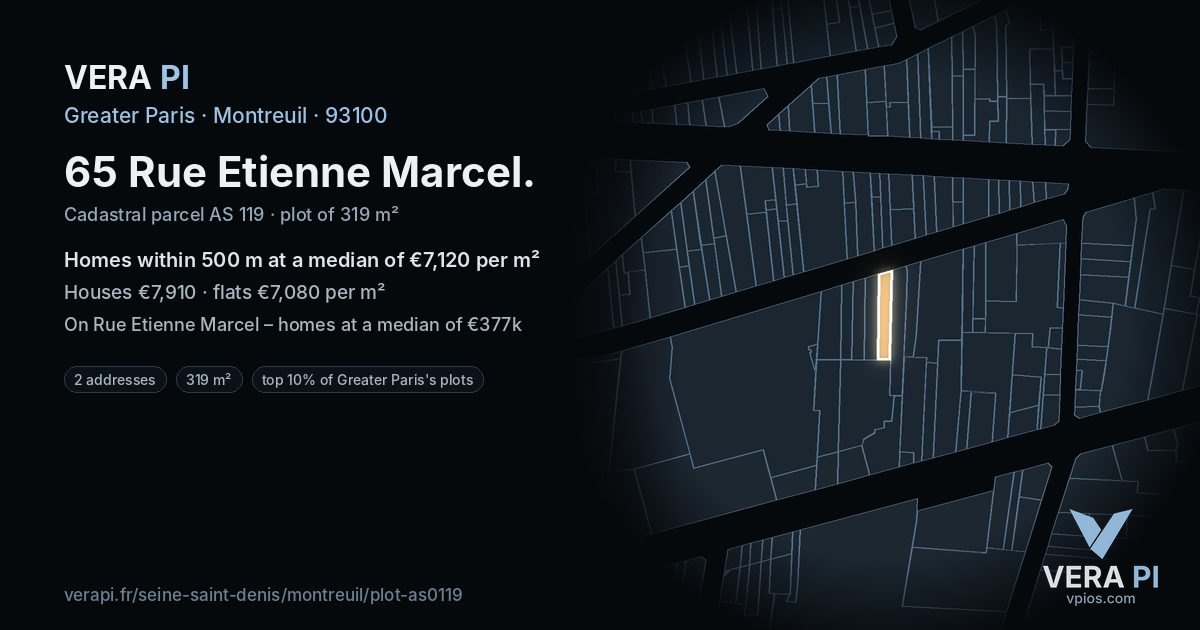 65 Rue Etienne Marcel, Montreuil at night – the plot lit, the parcels around coloured by the prices near them